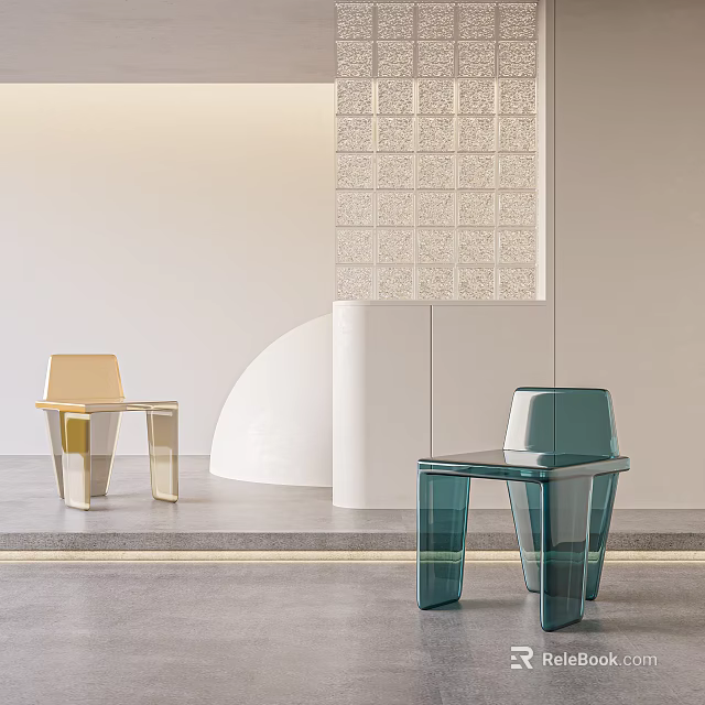 Modern Glass Leisure Chairs In Yellow And Blue With Geometric Decor And White Walls 3d model 