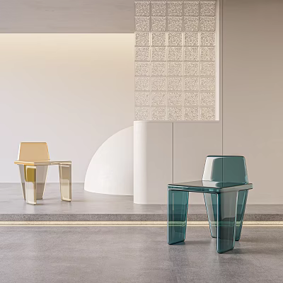 Modern Glass Leisure Chairs In Yellow And Blue With Geometric Decor And White Walls 3d model