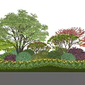 Beautiful Garden Scene With Green Trees Red Shrubs And Colorful Flowers