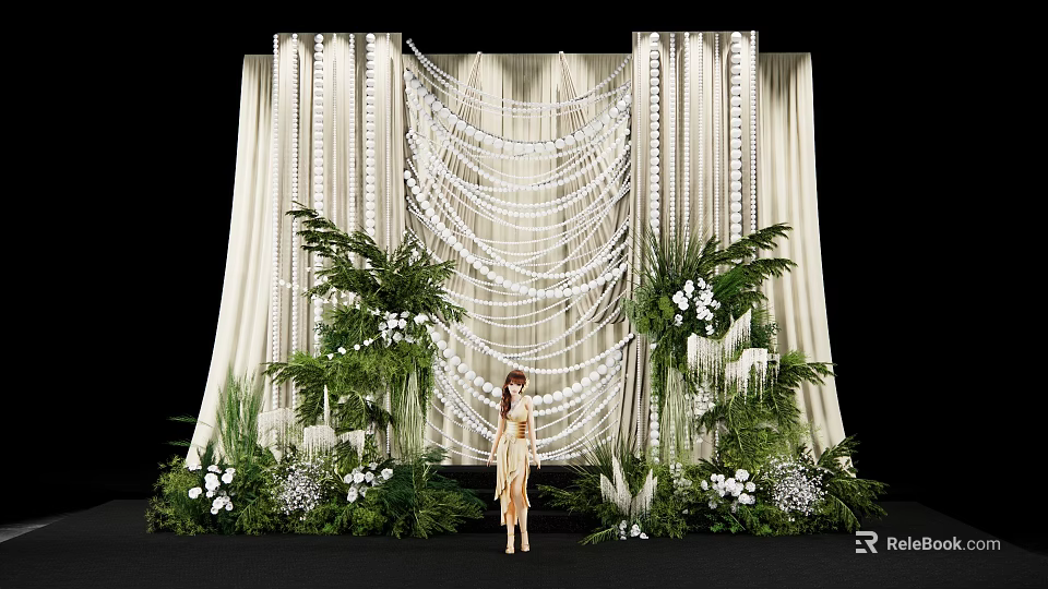 Elegant Wedding Decoration With White Drapes Hanging Ornaments Green Plants And Flowers 3d model 