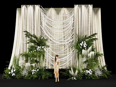 Elegant Wedding Decoration With White Drapes Hanging Ornaments Green Plants And Flowers 3d model