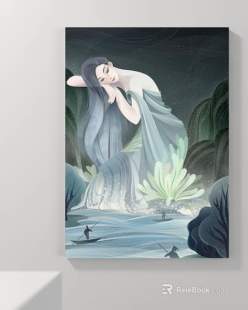 Figure Painting of Long Haired Woman in Flowing Dress with Natural Background and Small Boat 3d model 