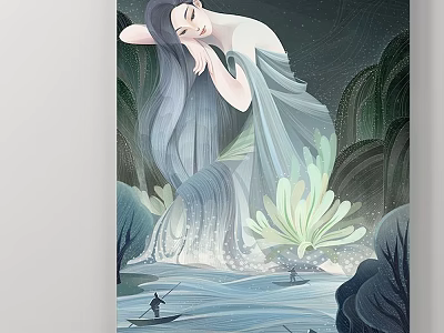 Figure Painting of Long Haired Woman in Flowing Dress with Natural Background and Small Boat 3d model
