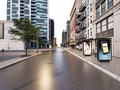 Vibrant Commercial Street With Tall Modern Buildings Street Trees Lamps And Sidewalk Billboards 3d model