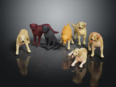Various Colored Dog Models Displayed In Different Poses On Black Background 3d model