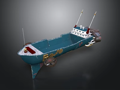 Detailed Blue 3D Toy Boat Model With White Superstructure Red Decorations And Antennas 3d model