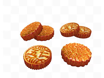 Traditional Chinese Mooncakes with Intricate Patterns and Round Shapes Stacked Together 3d model