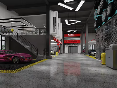 Modern Car Dealership Interior With Pink Sports Car Hanging Tires And Red Signage 3d model