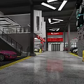 Modern Car Dealership Interior With Pink Sports Car Hanging Tires And Red Signage