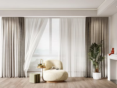 Double Layer Gray Thick White Sheer Curtains In Modern Minimalist Living Room With Beige Chair 3d model