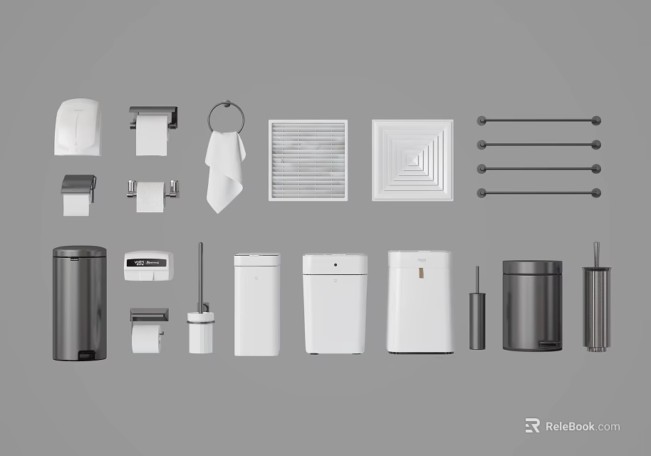 Essential Bathroom Accessories Including Toilet Paper Holder Towel Rack Exhaust Fan And Trash Can 3d model 