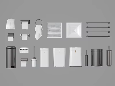 Essential Bathroom Accessories Including Toilet Paper Holder Towel Rack Exhaust Fan And Trash Can 3d model