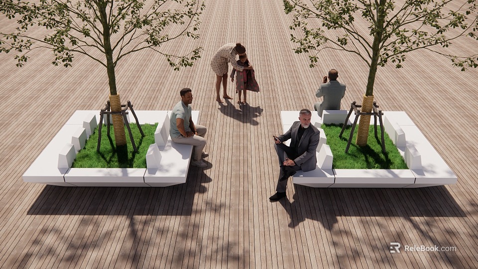 Outdoor Tree Planters Featuring Trees White Benches And People Relaxing On Wooden Deck 3d model 