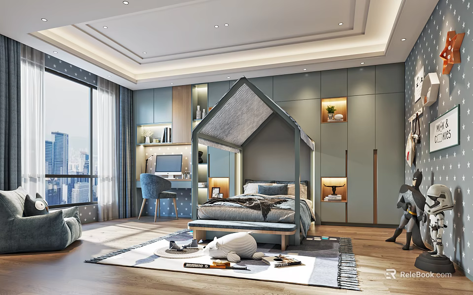 Cozy Modern Kids Room Interior With House Bed Study Desk Chair Toys And City View Window 3d model 