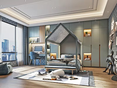 Cozy Modern Kids Room Interior With House Bed Study Desk Chair Toys And City View Window 3d model