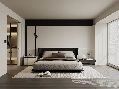 Modern Bedroom Interior Design With Bed Nightstand Rug And Window Blinds 3d model