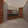 Modern Public Toilet Design With Wooden Details Dark Grey Tiles And Warm Ambient Lighting