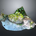Natural Stone And Wood Decorative Scene With Moss Covered Surface And Water Puddle