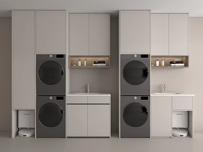 Modern Bathroom Cabinet With Stacked Washer Dryer Sink And Storage Design 3d model