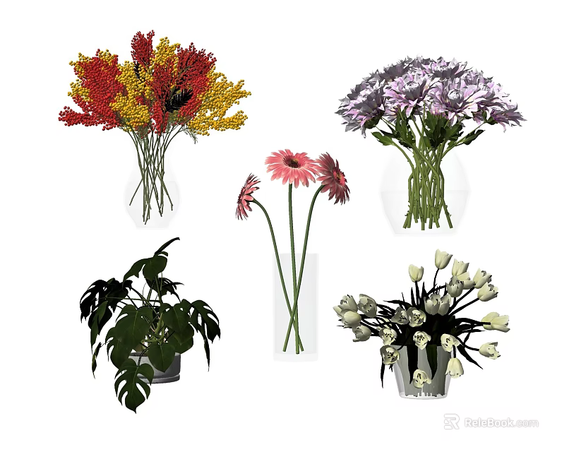 Colorful Flower Arrangements In Various Vases With Red Yellow Purple Pink White Blooms 3d model 