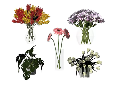 Colorful Flower Arrangements In Various Vases With Red Yellow Purple Pink White Blooms 3d model