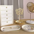 Elegant Jewelry Storage Trays Tree Stand Mirror Drawer Cabinet with Golden Accents and Marble Base