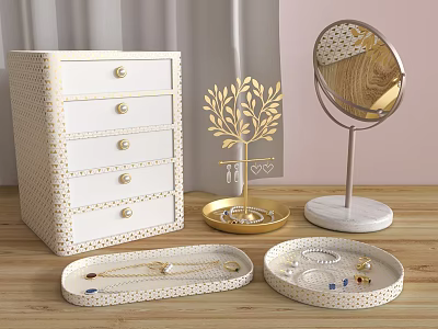 Elegant Jewelry Storage Trays Tree Stand Mirror Drawer Cabinet with Golden Accents and Marble Base 3d model
