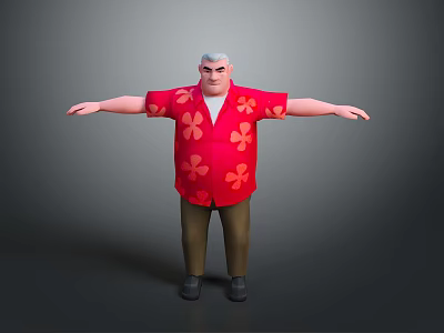 3D Model of Male Character Wearing Red Floral Shirt with Clover Pattern and Outstretched Arms 3d model