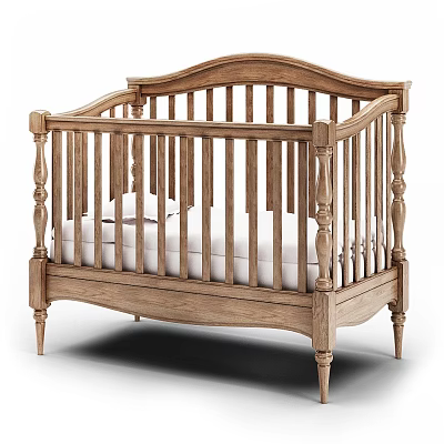 Traditional Solid Wood Baby Crib With Ornate Spindle Railings And White Mattress 3d model