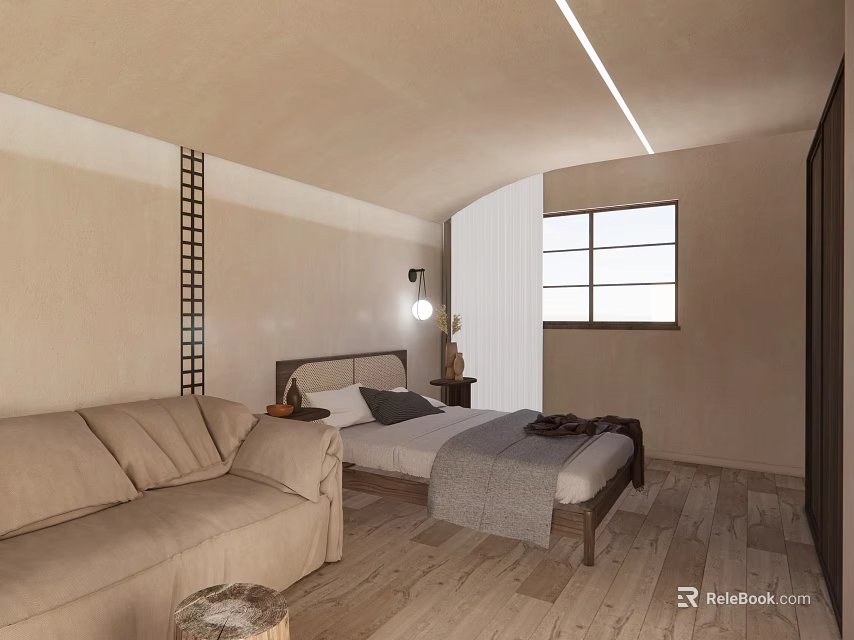 Hotel Guest Room Interior with Sofa Bed Wooden Floor Window and Table Lamp 3d model 