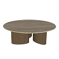 Round Coffee Table With Beige Marble Top And Wooden Cylindrical Legs Design