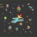 Vibrant 3D Cartoon Scene With Floating Green Character Stars Planets House Cake And Objects