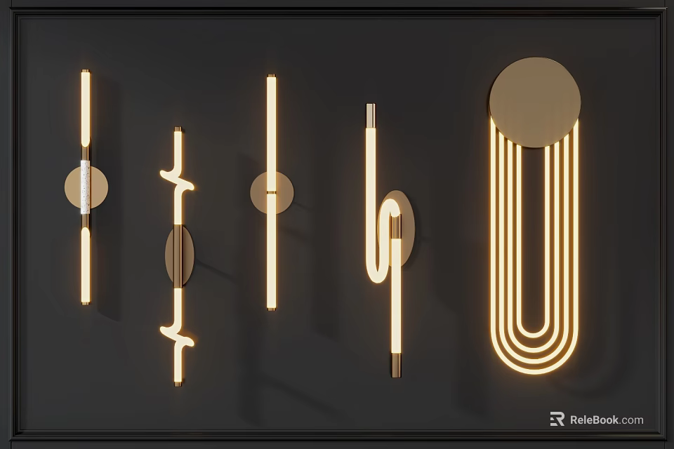 Modern Wall Lamps With Various Shapes And LED Glow On Dark Background 3d model 