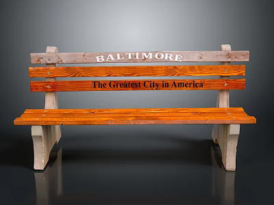 Rustic Wooden Bench With Baltimore And The Greatest City In America Inscriptions And Concrete Legs 3d model
