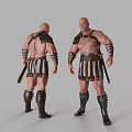 Bald Muscular Game Film Character With Gladiator Armor Wrist Guards Skirt Front And Back View