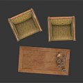 Two Upholstered Single Sofas With Wooden Coffee Table And Decorative Stacked Cups