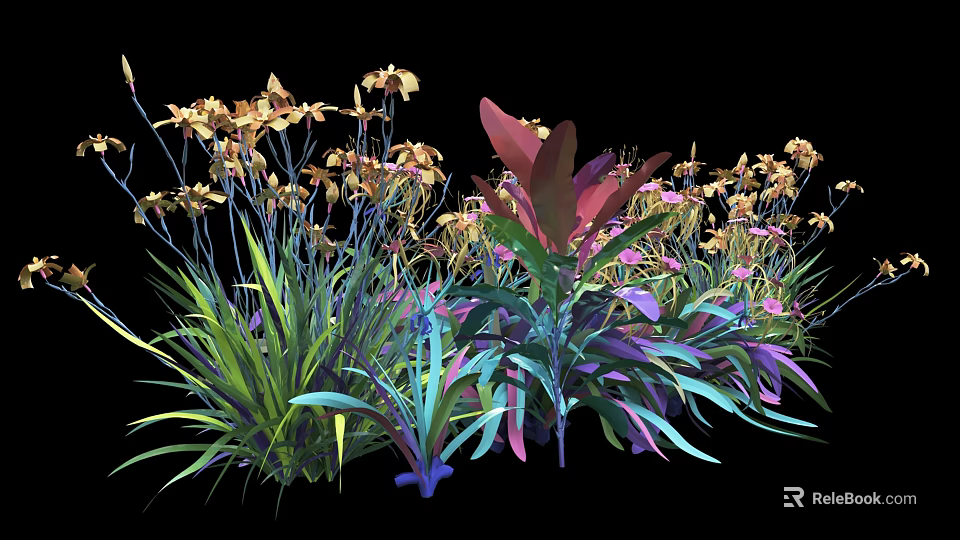 Vibrant Flowers and Plants with Golden Blooms Red Purple Green Leaves in Lush Arrangement 3d model 