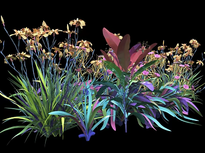 Vibrant Flowers and Plants with Golden Blooms Red Purple Green Leaves in Lush Arrangement 3d model