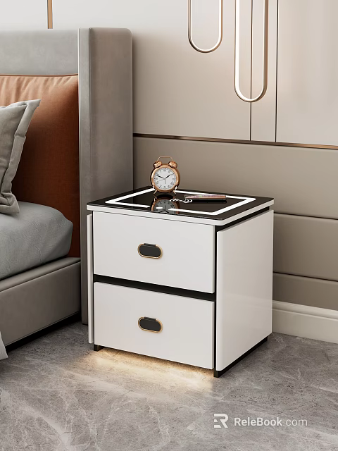 White Bedside Table With Two Drawers Gold Black Handles And Black Top In Bedroom 3d model 