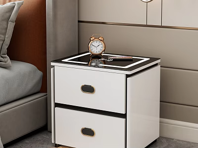 White Bedside Table With Two Drawers Gold Black Handles And Black Top In Bedroom 3d model