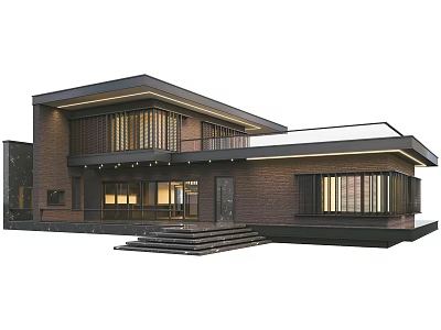 Modern Single Family Villa Exterior With Large Glass Windows And Wooden Siding 3d model