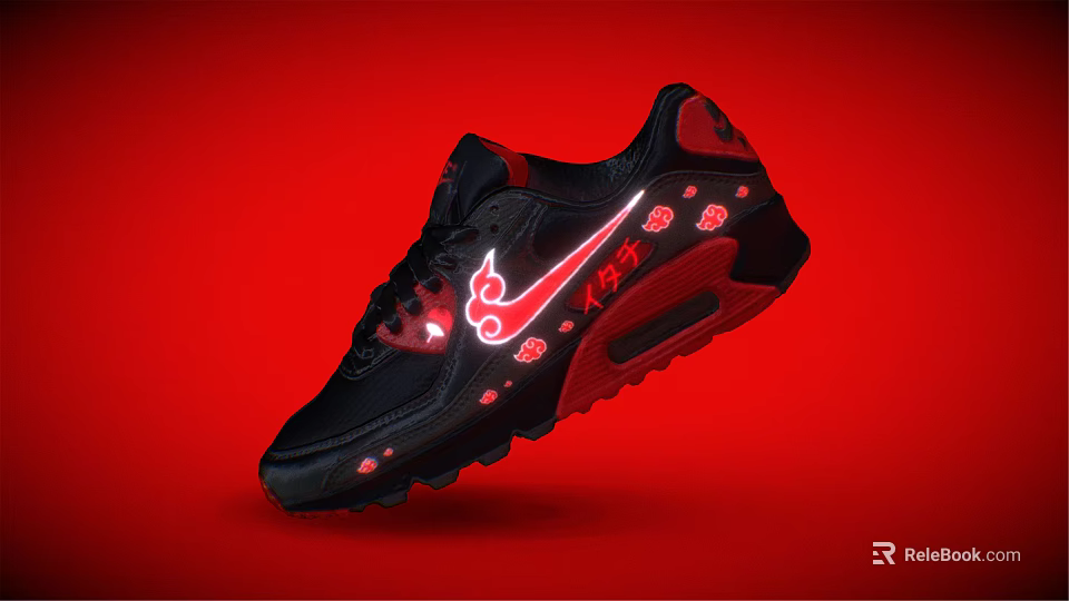 Black And Red Sporty Sneakers Featuring Red Decorative Patterns On Upper And Red Sole 3d model 