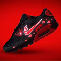 Black And Red Sporty Sneakers Featuring Red Decorative Patterns On Upper And Red Sole