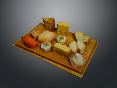 Assorted Cheese Platter With Various Shapes Colors On Wooden Board Including Ham Slices 3d model