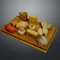 Assorted Cheese Platter With Various Shapes Colors On Wooden Board Including Ham Slices