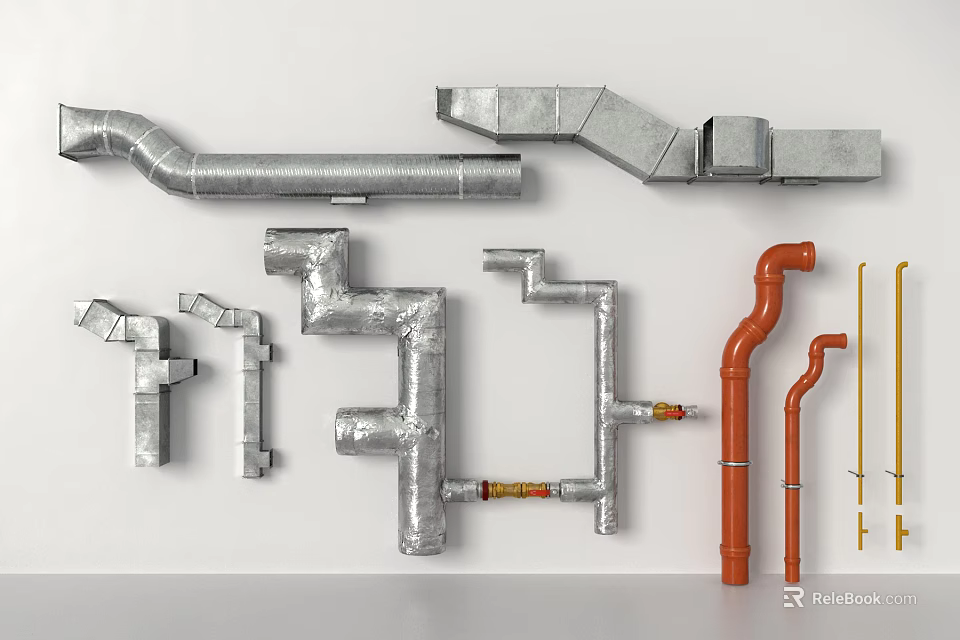 Various Metal Pipes In Different Shapes With Silver And Orange Connectors 3d model 