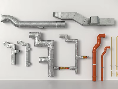 Various Metal Pipes In Different Shapes With Silver And Orange Connectors 3d model