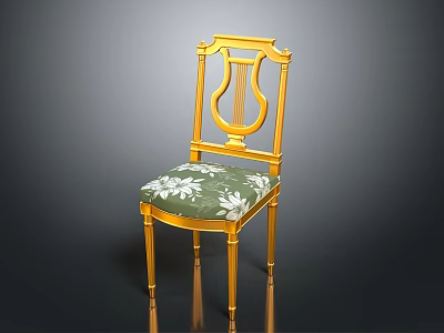Elegant Golden Frame Leisure Chair With Harp Shaped Backrest Green Floral Pattern Seat Cushion 3d model