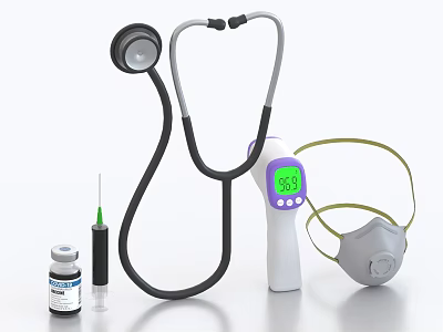 Essential Medical Devices with Stethoscope Infrared Thermometer Surgical Mask Syringe and Medicine Vial 3d model