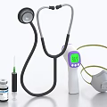 Essential Medical Devices with Stethoscope Infrared Thermometer Surgical Mask Syringe and Medicine Vial